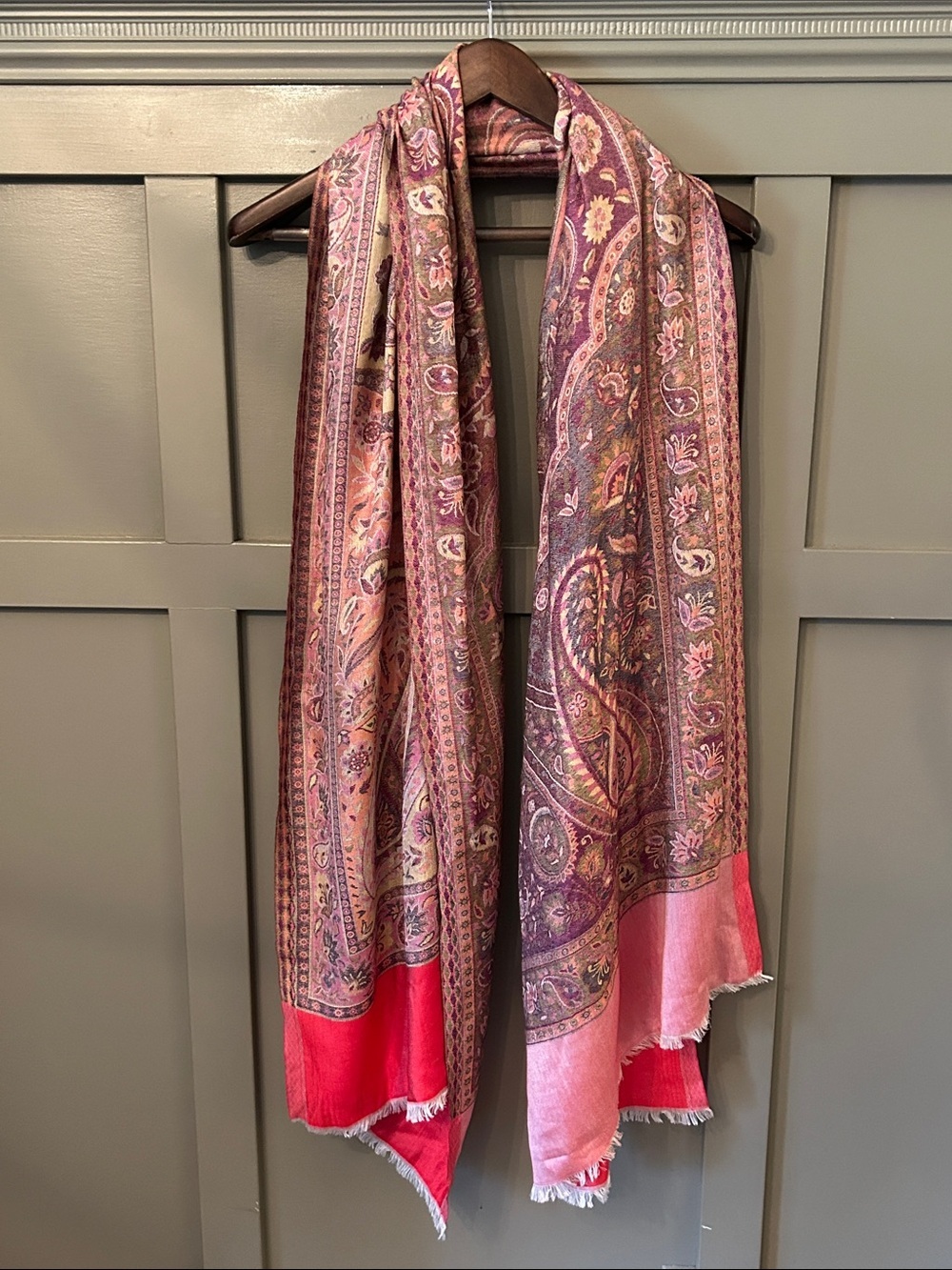 Silk Scarf Paisley Boho Pink Red Gold Multicolor 82” x 29”